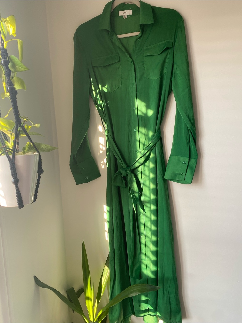 Ovi Emerald Green Long Sleeve Shirt Dress with Tie Waist